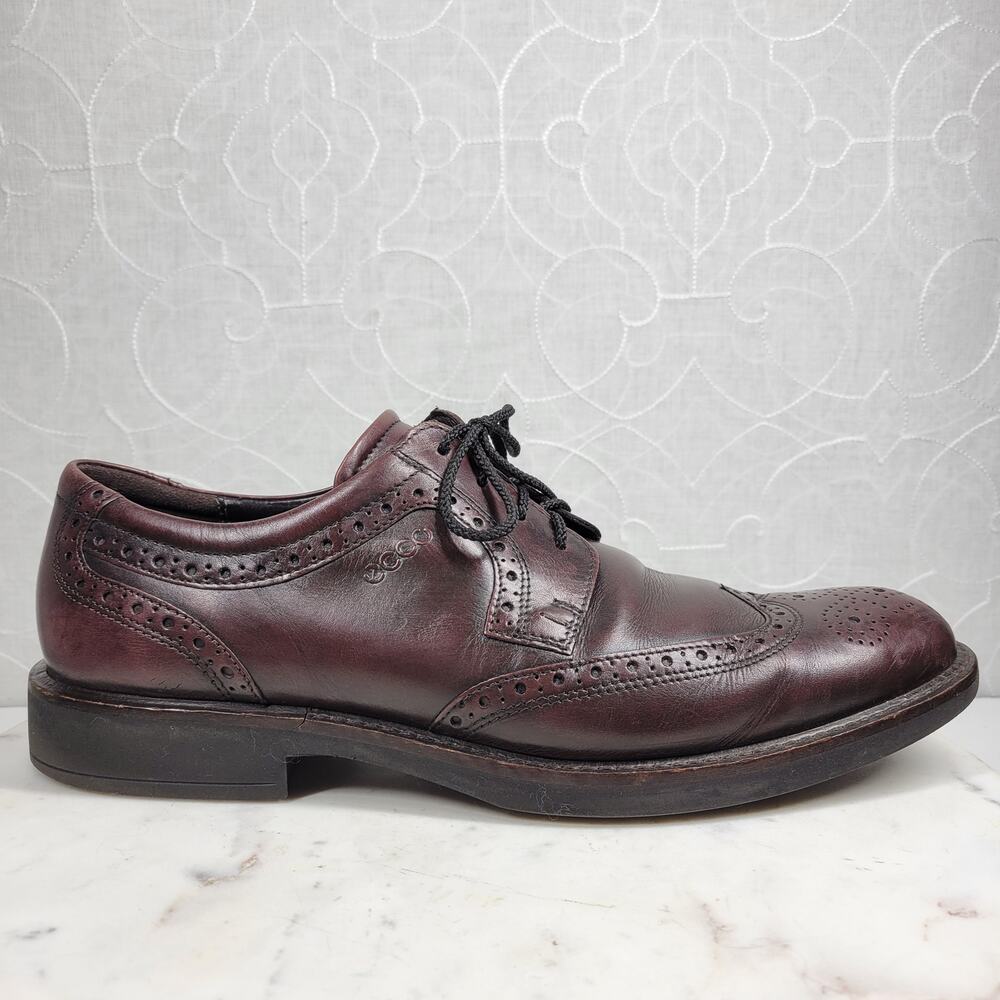 ECCO Melbourne Oxford Shoes Mens 10.5 Brown Leather‎ Wingtip Lace Up Almond Toe
